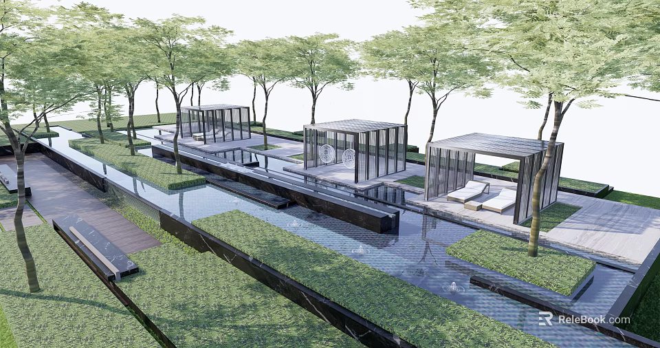 Modern Pergola in Landscape Design with Trees Grass and Water Feature 3d model 