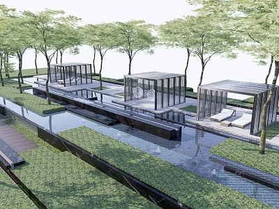 Modern Pergola in Landscape Design with Trees Grass and Water Feature 3d model