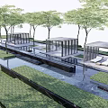 Modern Pergola in Landscape Design with Trees Grass and Water Feature