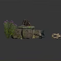 Artistic Carved Stone Sculpture With Mossy Base Stones And Decorative Plants