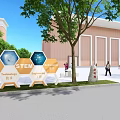 Campus Garden Landscape With Hexagonal Display Boards Trees And Stone Benches 3d model
