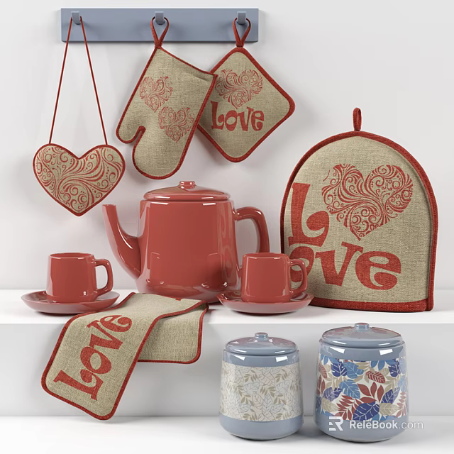 Red Tea Set With Teapot Cups Love Themed Decorations And Heart Patterns 3d model