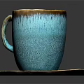 Turquoise Ceramic Cup With Brown Rim And Matching Textured Saucer On Black Surface