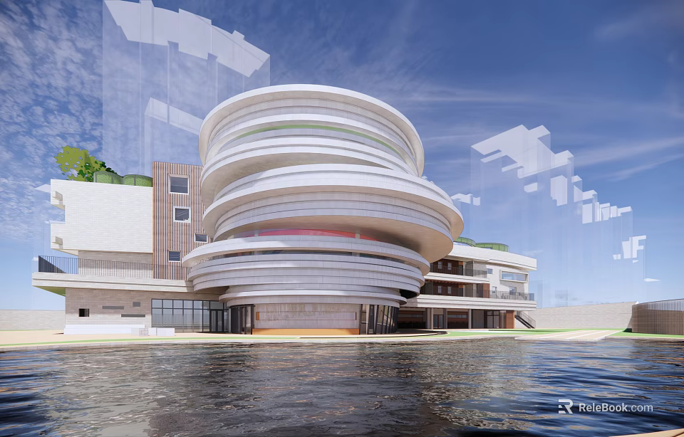 Modern School Building Featuring Circular Design Multi Story Waterfront Blue Sky Green Plants 3d model 