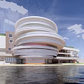 Modern School Building Featuring Circular Design Multi Story Waterfront Blue Sky Green Plants