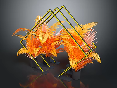 Orange And Pink Fern Plants With Yellow Frames In Black Pots On Dark Background 3d model