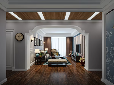 Modern Elegant Living Room Interior With Wooden Ceiling Recessed Lighting And Wooden Flooring 3d model