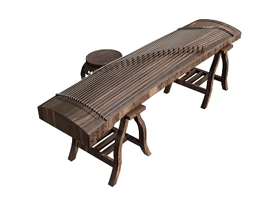 Traditional Chinese Guzheng Musical Instrument With Wooden Body Strings Stand And Stool 3d model