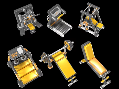 Various Gym Equipment Including Treadmill Weight Bench Dumbbells And Exercise Benches 3d model