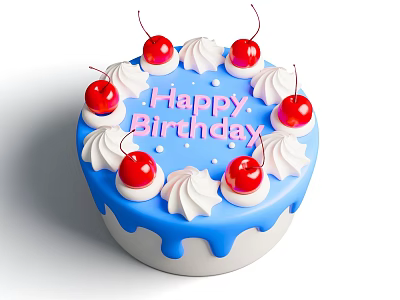 Delicious Blue Birthday Cake With White Cream Red Cherries And Happy Birthday Message 3d model