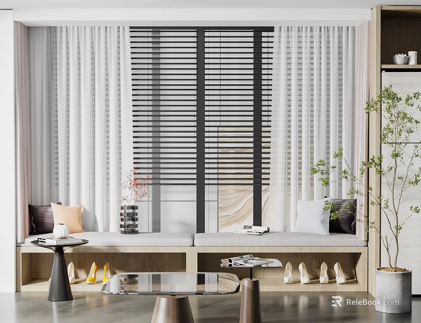 Cozy Bay Window Area with White Curtains Black Blinds Cushions Small Table Shoes and Plant 3d model 