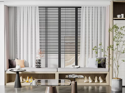 Cozy Bay Window Area with White Curtains Black Blinds Cushions Small Table Shoes and Plant 3d model
