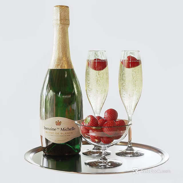 Fresh Strawberries And Domaine Michel Champagne With Two Glasses On Silver Tray 3d model 