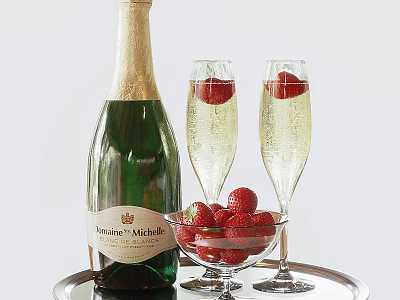 Fresh Strawberries And Domaine Michel Champagne With Two Glasses On Silver Tray 3d model