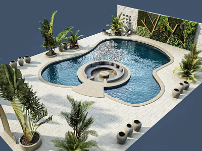 Outdoor Swimming Pool Area With Circular Center Design And Green Plants In Planters 3d model