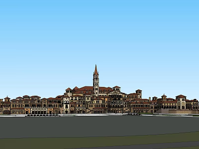 European Style Commercial Complex with Tower Red Roofs and Multi Story Buildings in Open Square 3d model