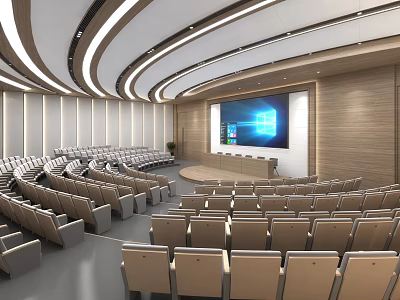 Modern Conference Room With Curved Ceiling Rows of Seats Large Screen and Wooden Walls 3d model