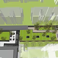 Modern Entrance Gate In Landscaped Area With Trees Benches And Paved Walkway