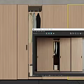 Modern Wooden Wardrobe With Multiple Doors And Open Compartment Featuring Hanging Clothes And Storage Box
