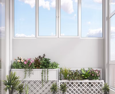 Bonsai Potted Plants on White Planters in Balcony with Various Greenery and Blue Sky 3d model