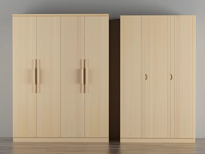 Modern Minimalist Wooden Wardrobes With Double Doors Long Bar Handles And Round Knobs 3d model