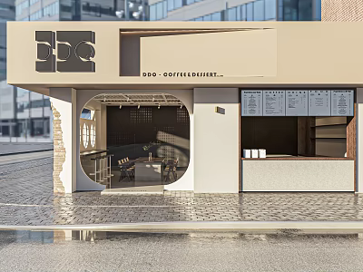 Modern Coffee Shop Storefront With Glass Entrance Menu Board And Interior Tables 3d model