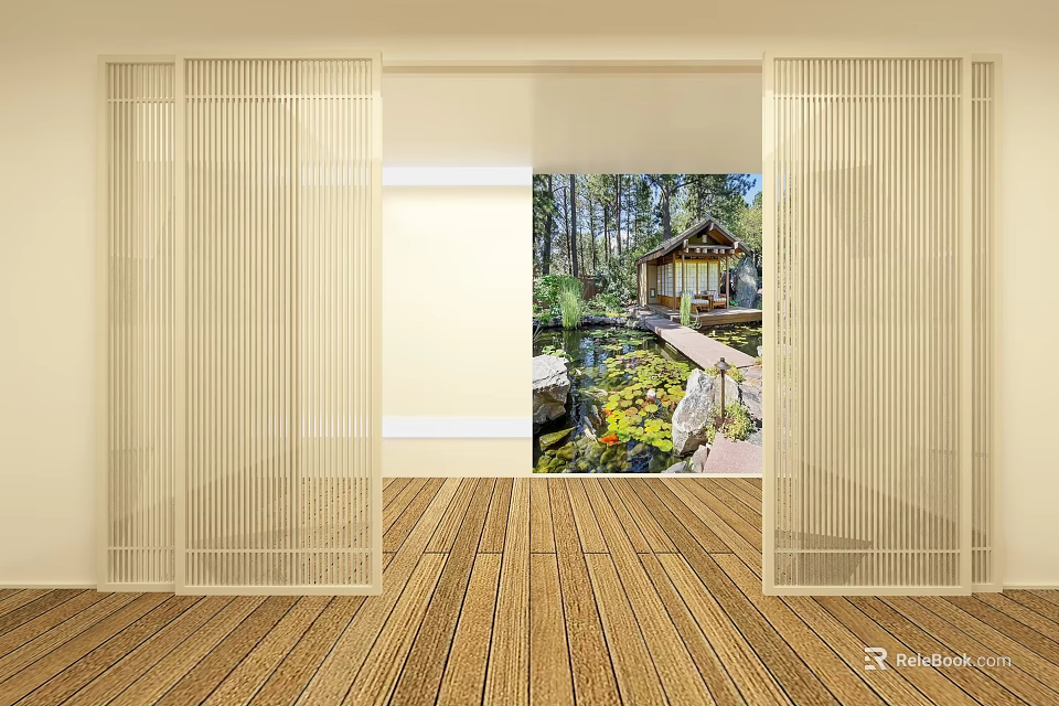 White Slatted Sliding Doors Open To Serene Garden With Pond And Pavilion 3d model 