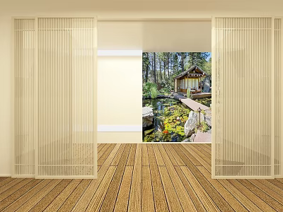 White Slatted Sliding Doors Open To Serene Garden With Pond And Pavilion 3d model