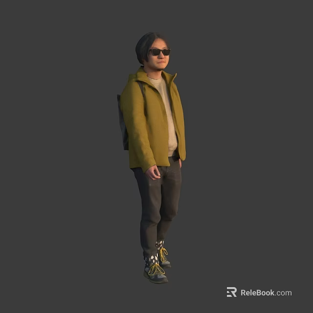Man Wearing Yellow Jacket Sunglasses And Backpack With Dark Pants Patterned Shoes 3d model 