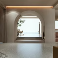 Serene Interior Space With Arched Doorway Fireplace Wooden Chair And Green Plant