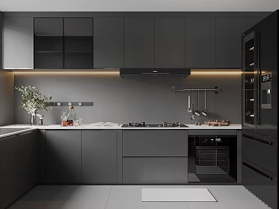 Modern Gray Kitchen Interior Design With Cabinets Appliances And Under Cabinet Lighting 3d model
