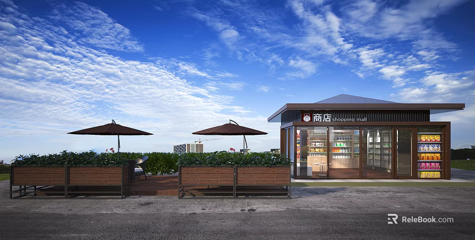 Modern Convenience Store With Umbrellas Green Plants And Glass Doors Displaying Goods Under Blue Sky 3d model 