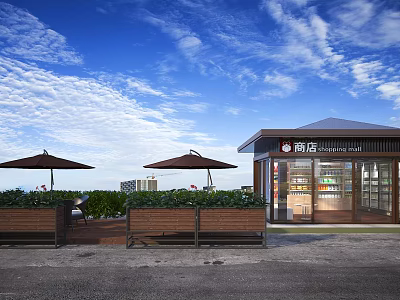 Modern Convenience Store With Umbrellas Green Plants And Glass Doors Displaying Goods Under Blue Sky 3d model