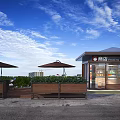 Modern Convenience Store With Umbrellas Green Plants And Glass Doors Displaying Goods Under Blue Sky
