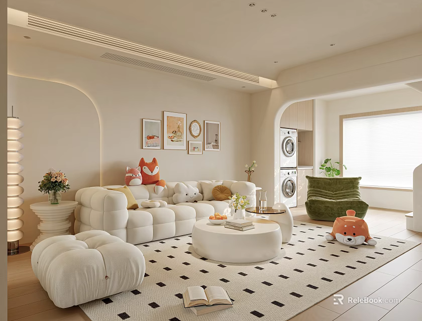 Modern Luxury Open Concept Living Dining Room With Beige Sofa Round Coffee Table And Greenery 3d model 