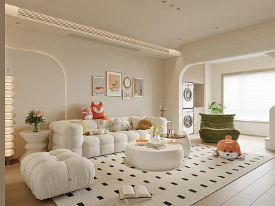 Modern Luxury Open Concept Living Dining Room With Beige Sofa Round Coffee Table And Greenery 3d model