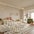 Modern Luxury Open Concept Living Dining Room With Beige Sofa Round Coffee Table And Greenery