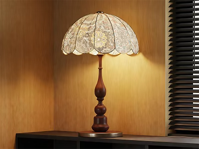 Vintage Table Lamp With Lace Patterned Lampshade And Carved Wooden Base In Living Room Corner 3d model
