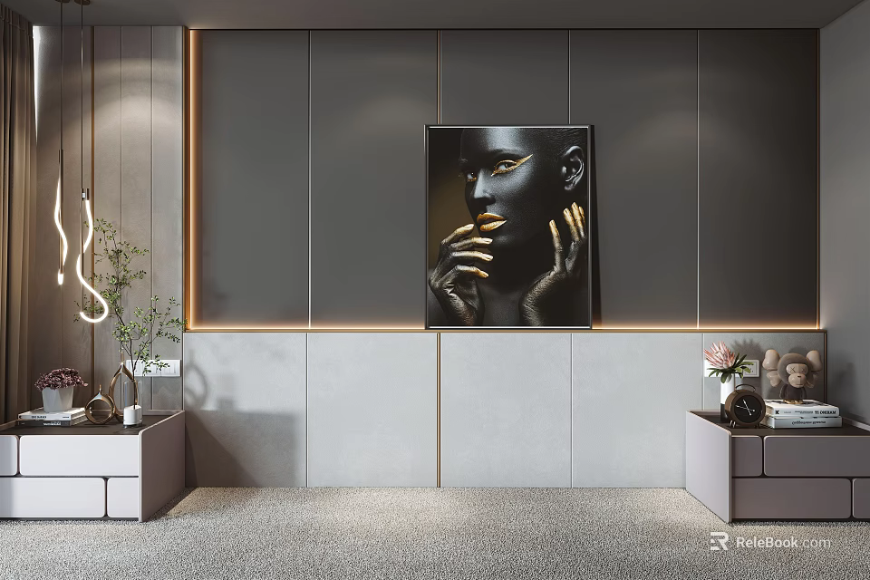 Modern Bedroom Accent Wall With Gray Panels Gold Trim And Artwork 3d model 