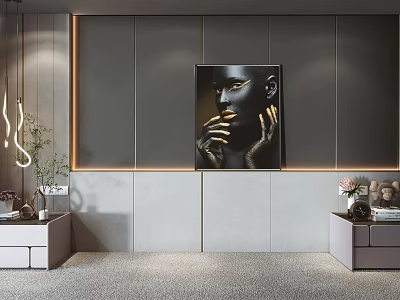 Modern Bedroom Accent Wall With Gray Panels Gold Trim And Artwork 3d model