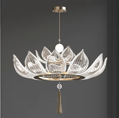 Elegant Lotus Shaped Transparent Chandelier Lighting Fixture with Golden Frame and Tassel Decoration 3d model
