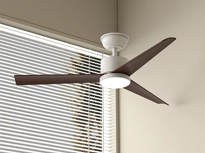 White Ceiling Fan Light With Four Dark Blades Mounted On Ceiling Near Window Blinds 3d model