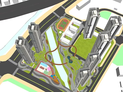 Modern Urban Residential Community With High Rise Buildings Green Space Playground And Waterway 3d model