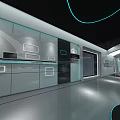 Modern Futuristic Exhibition Hall With Curved Ceiling Blue Lighting Display Screens And Circular Platform