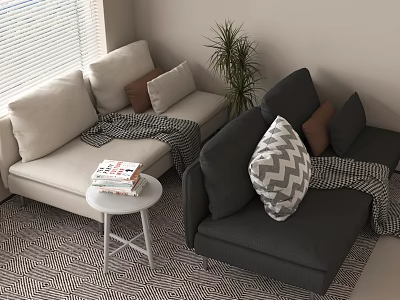 Light and Dark Two Seater Sofas With Pillows Blanket Side Table Magazines Plant and Window 3d model