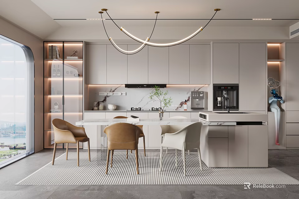 Modern Dining Area Interior With White Cabinets Island Counter Curved Pendant Lights And Neutral Chairs 3d model 