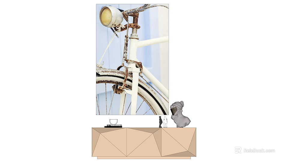 Vintage White Bicycle With Headlamp On Geometric Cabinet And Small Dog Figurine 3d model 