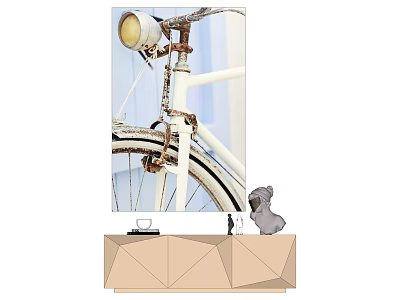 Vintage White Bicycle With Headlamp On Geometric Cabinet And Small Dog Figurine 3d model
