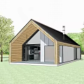 Modern Guesthouse Building with Gabled Roof Open Design and Lush Green Surroundings