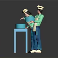 Two Chefs In Hats And Aprons Preparing At Blue Table Holding Blue Bowls
